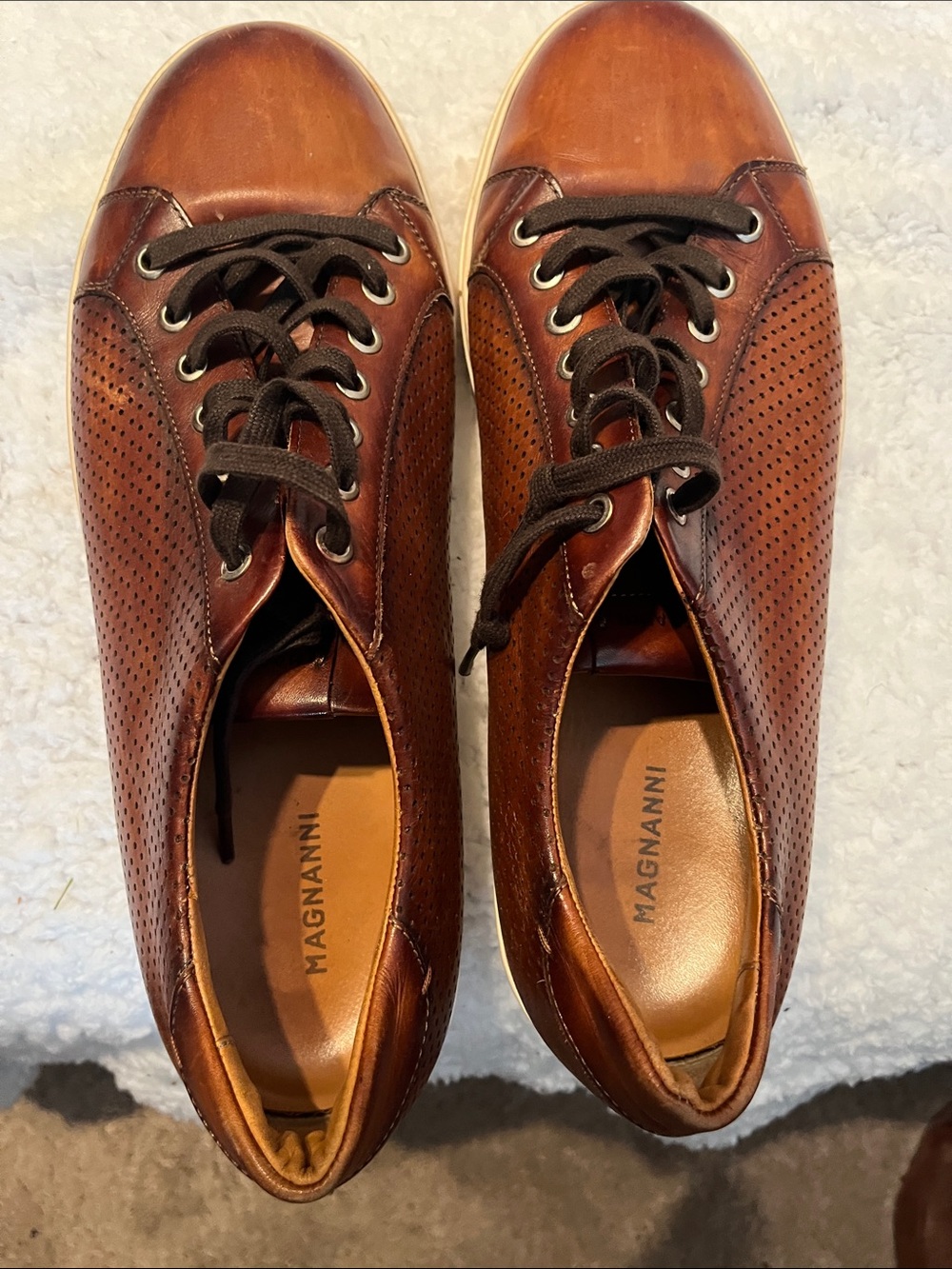 Magnanni Brown Leather Perforated Lace-Up Sneakers